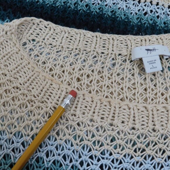 J Jill Women Petite Large PL Loose Knit Sweater Tan Blue Stripe Striped Pullover - Picture 5 of 10